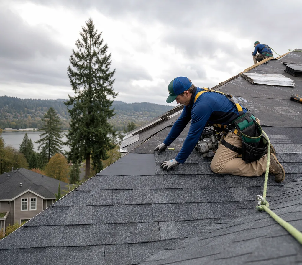 Roofing crew installing architectural shingles on a steep residential roof in overcast weather