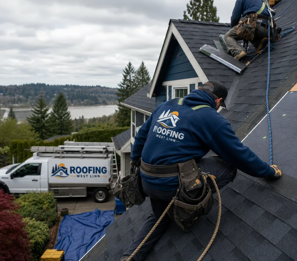 Roofing crew installing architectural shingles on a steep residential roof in overcast weather