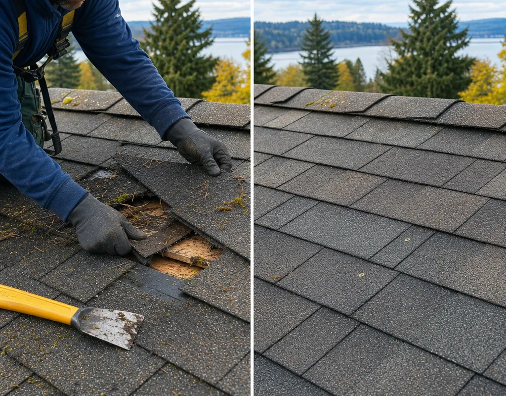 Before and after a targeted repair of lifted and missing roof shingles