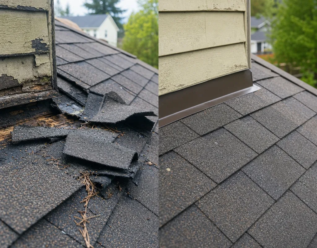 Before and after a targeted repair of lifted and missing roof shingles