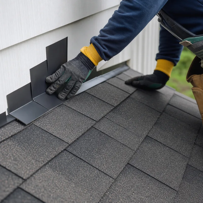 Properly layered step flashing and shingles at a roof sidewall