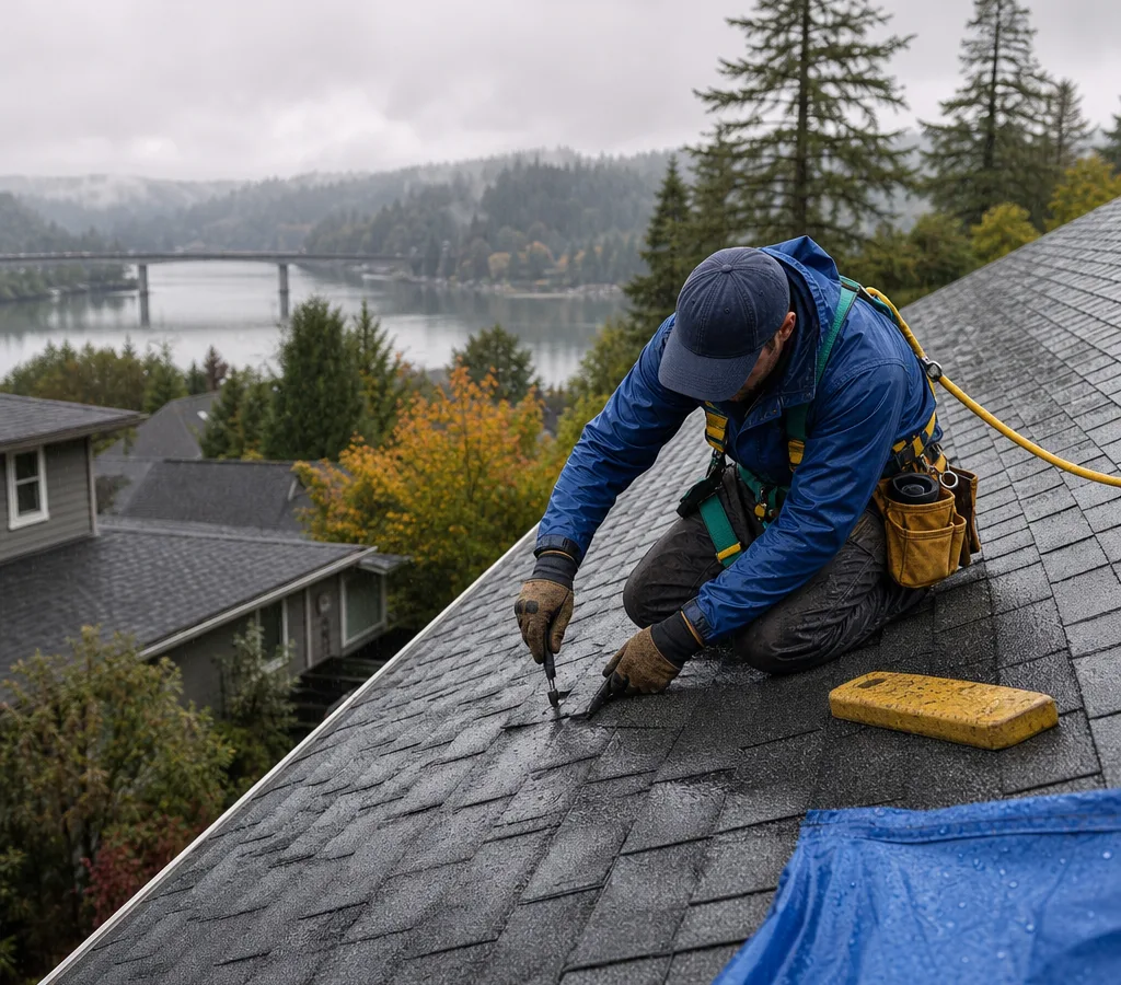 Roof technician repairing an asphalt shingle roof in rainy West Linn conditions