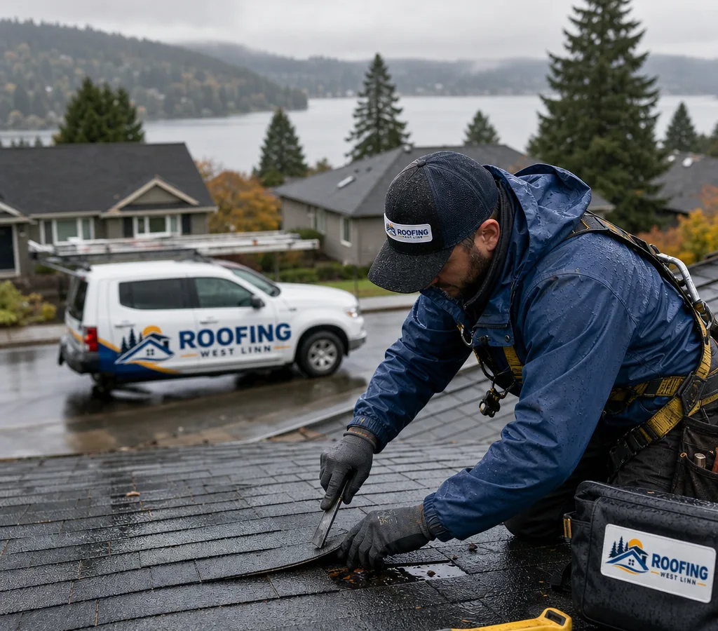 Roof technician repairing an asphalt shingle roof in rainy West Linn conditions