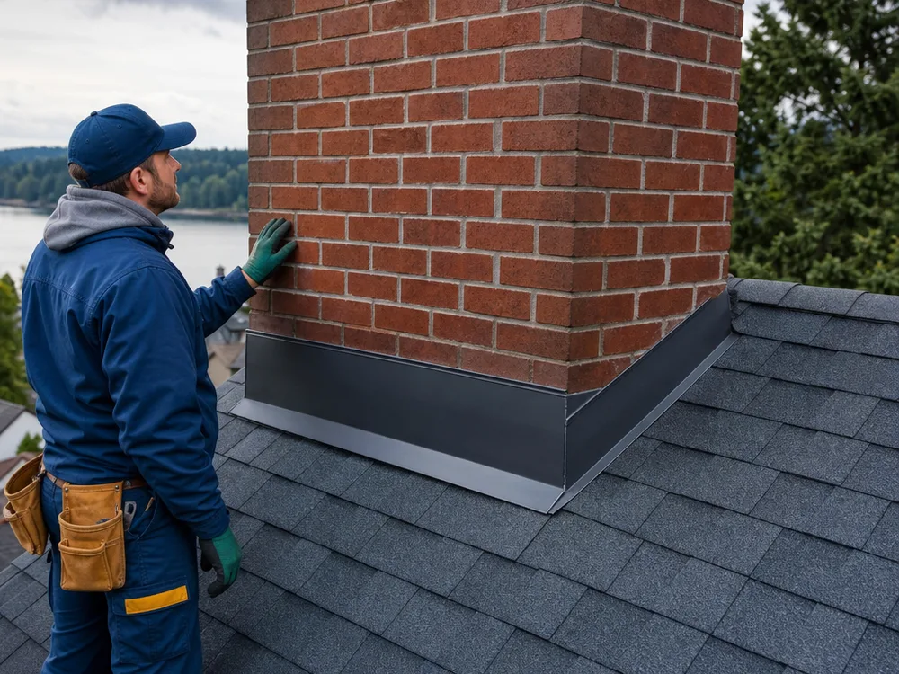 Completed chimney flashing repair with clean counterflashing and shingle integration