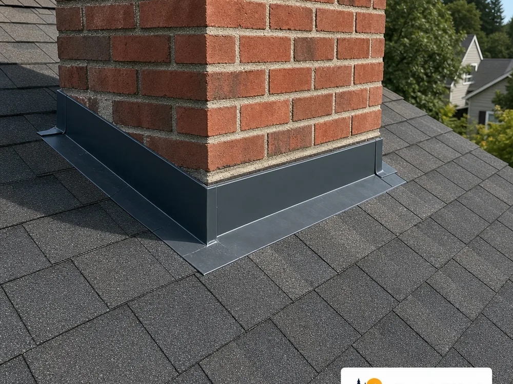 Completed chimney flashing repair with clean counterflashing and shingle integration