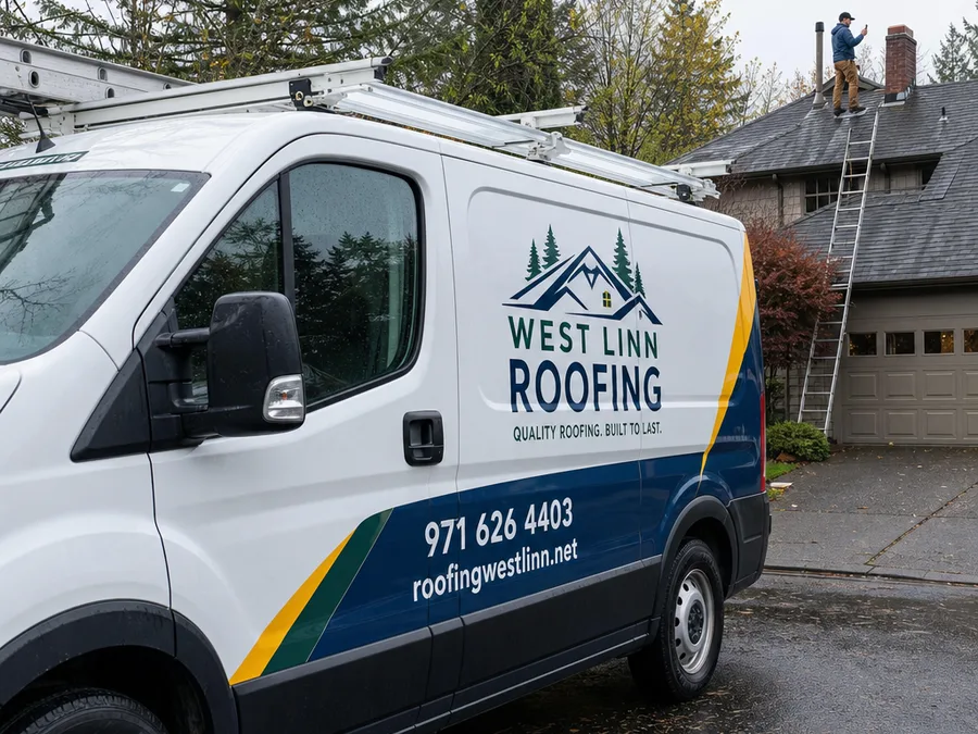Roofer inspecting chimney and pipe penetrations with Willamette Valley trees behind the home