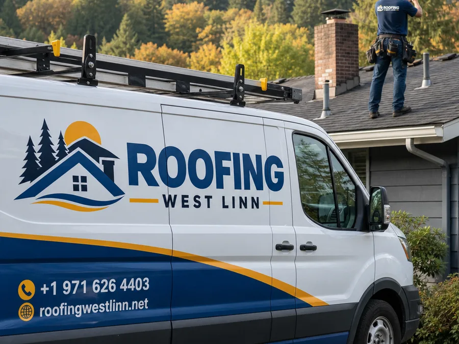Roofer inspecting chimney and pipe penetrations with Willamette Valley trees behind the home