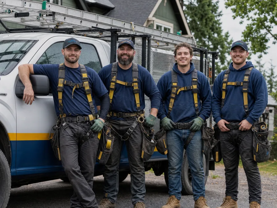 Roofing West Linn crew beside a work truck with safety harnesses and roofing tools