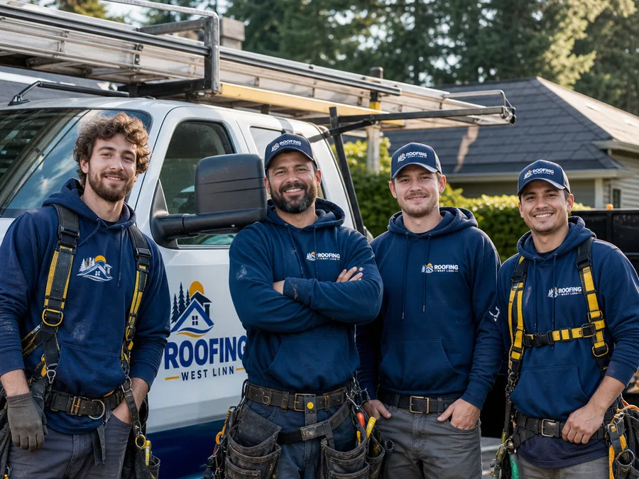 Roofing West Linn crew beside a work truck with safety harnesses and roofing tools